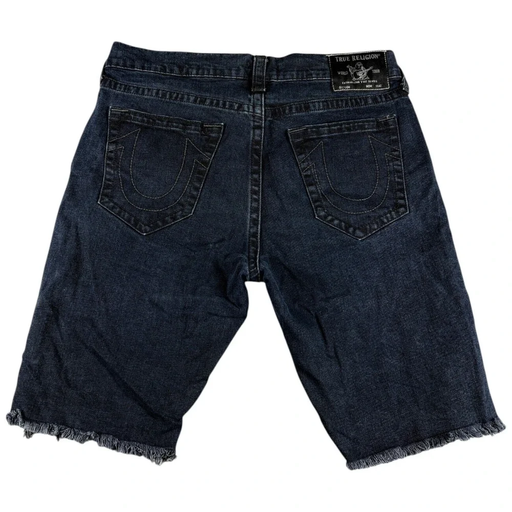 True Religion Ricky Shorts Mens 36 Blue Denim Dark Wash Raw Hem Relaxed Straight